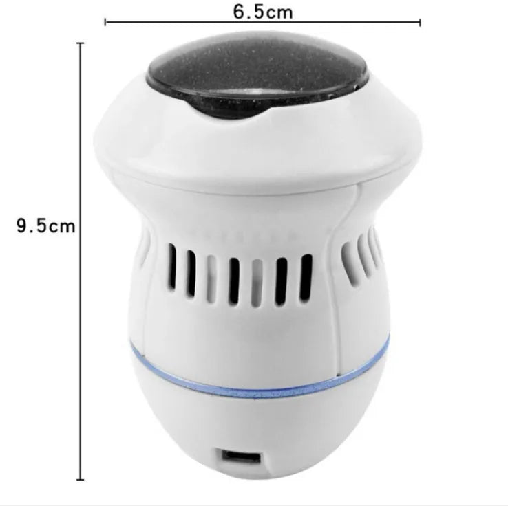 Beige and white USB-charged electric foot file grinder with vacuum system and two diamond grinding heads.