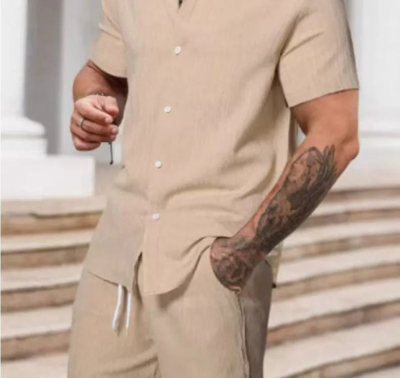 Striped printed casual men's suit comprising a short sleeve shirt and matching shorts in colour YT50313P1.