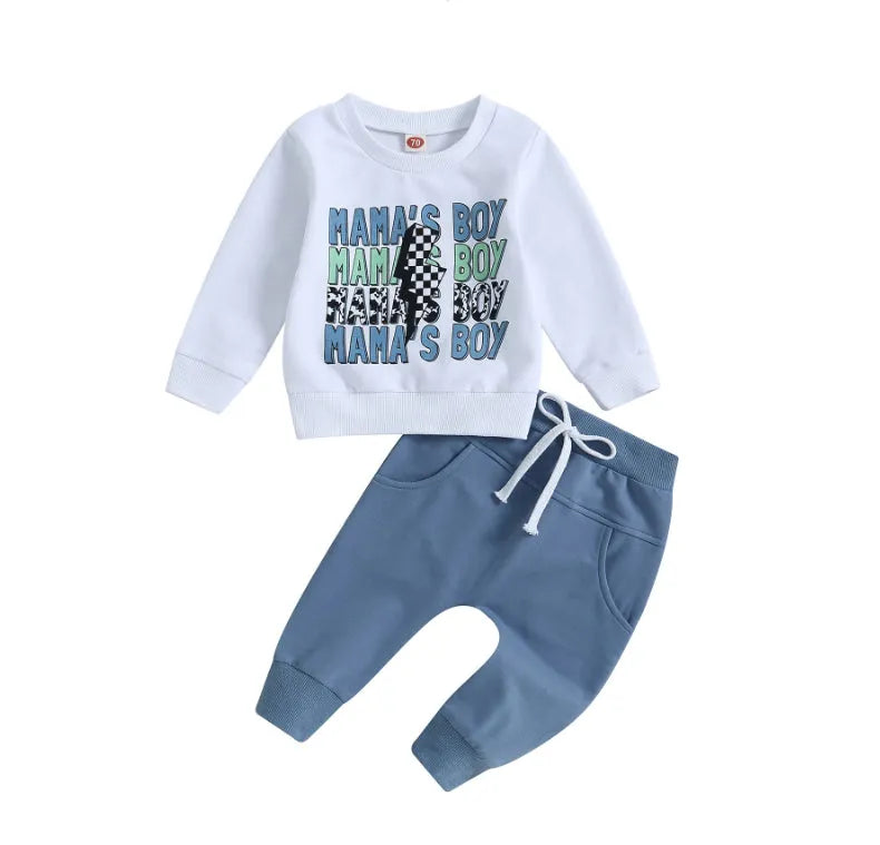 White casual boy's letter floral print long sleeve pullover cotton trousers suit for heights up to 110cm