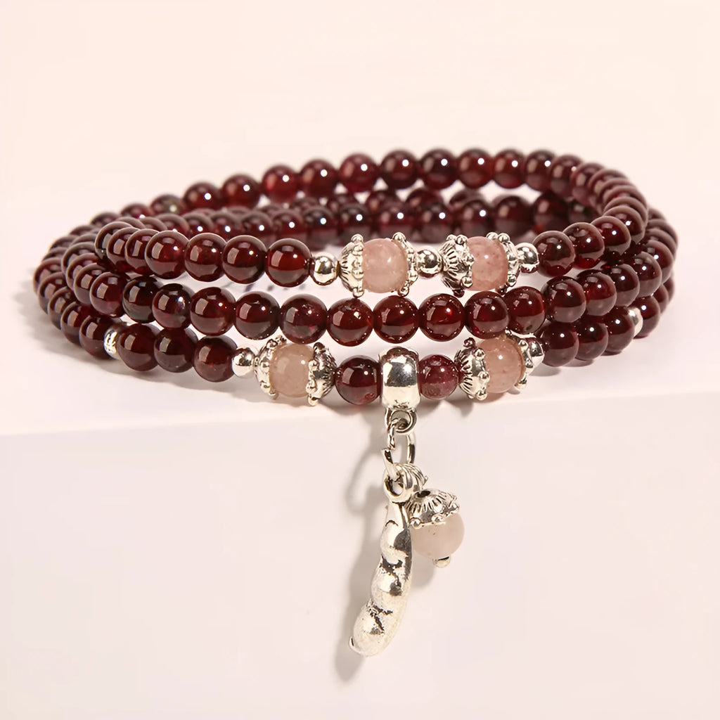 Women's wine red garnet crystal bracelet with flower design in bohemian ethnic style