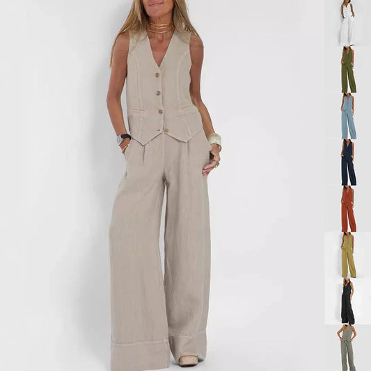 Stylish summer vest and trouser set in various colors including apricot, olive green, black, and more