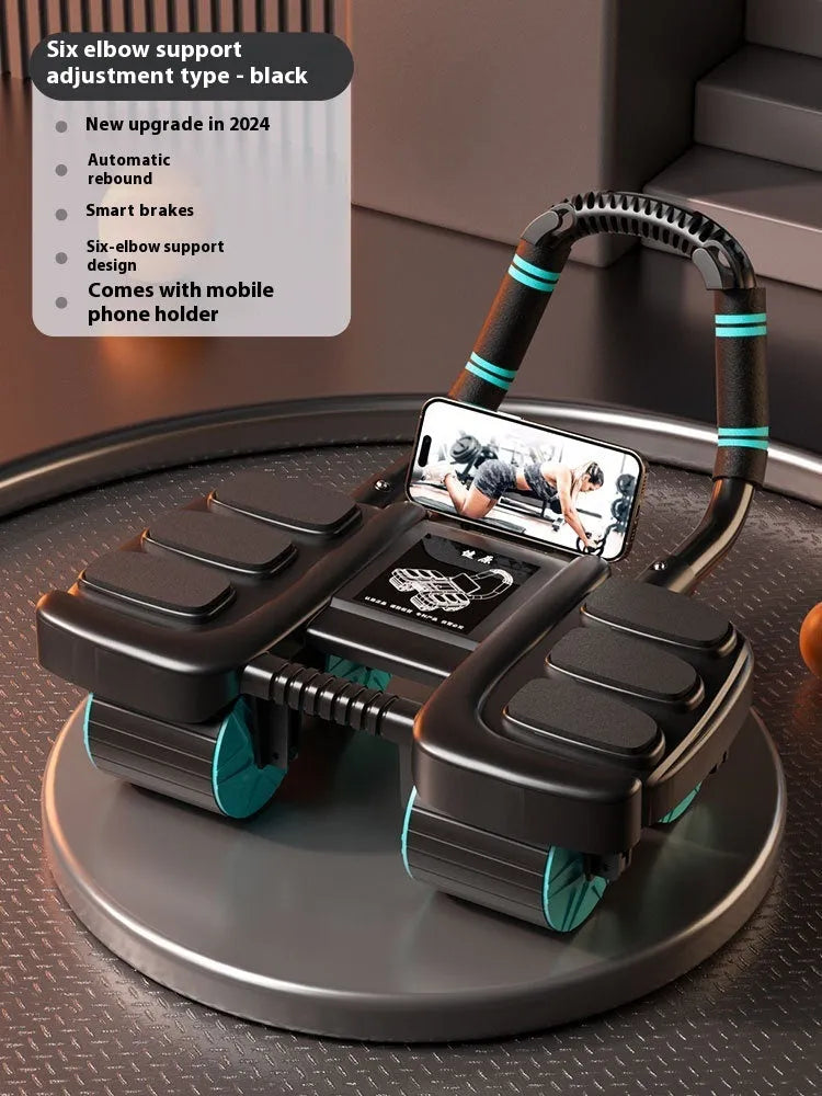 Orange four-wheel abdominal roller with elbow support pads and automatic rebound mechanism.
