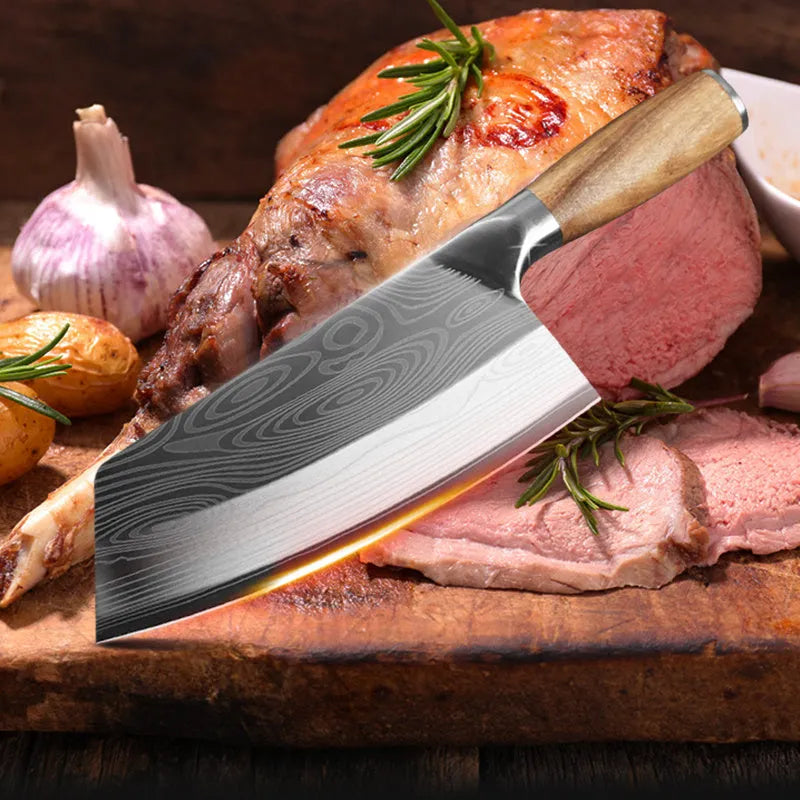 320mm long stainless steel kitchen knife with a 40cr13 blade on a kitchen counter.