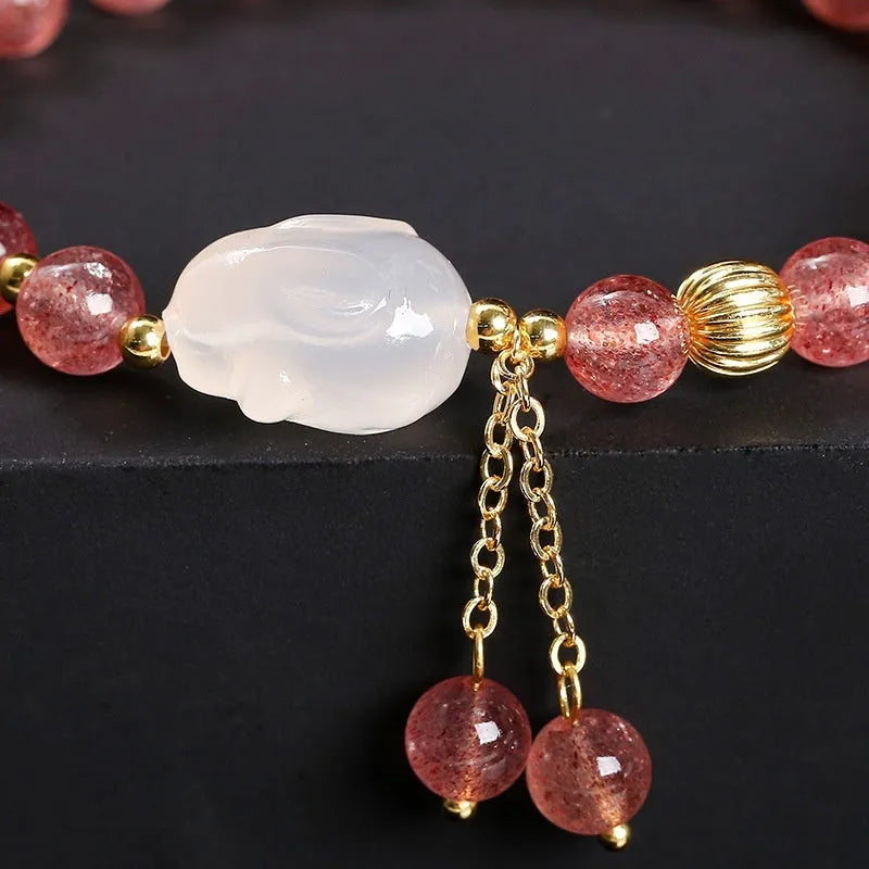 Natural strawberry quartz and agate bracelet with 6mm geometric white rabbit beads