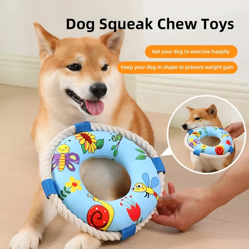 25 cm plush dog pull ring toy with squeaker in blue, red or yellow for puppies and small dogs