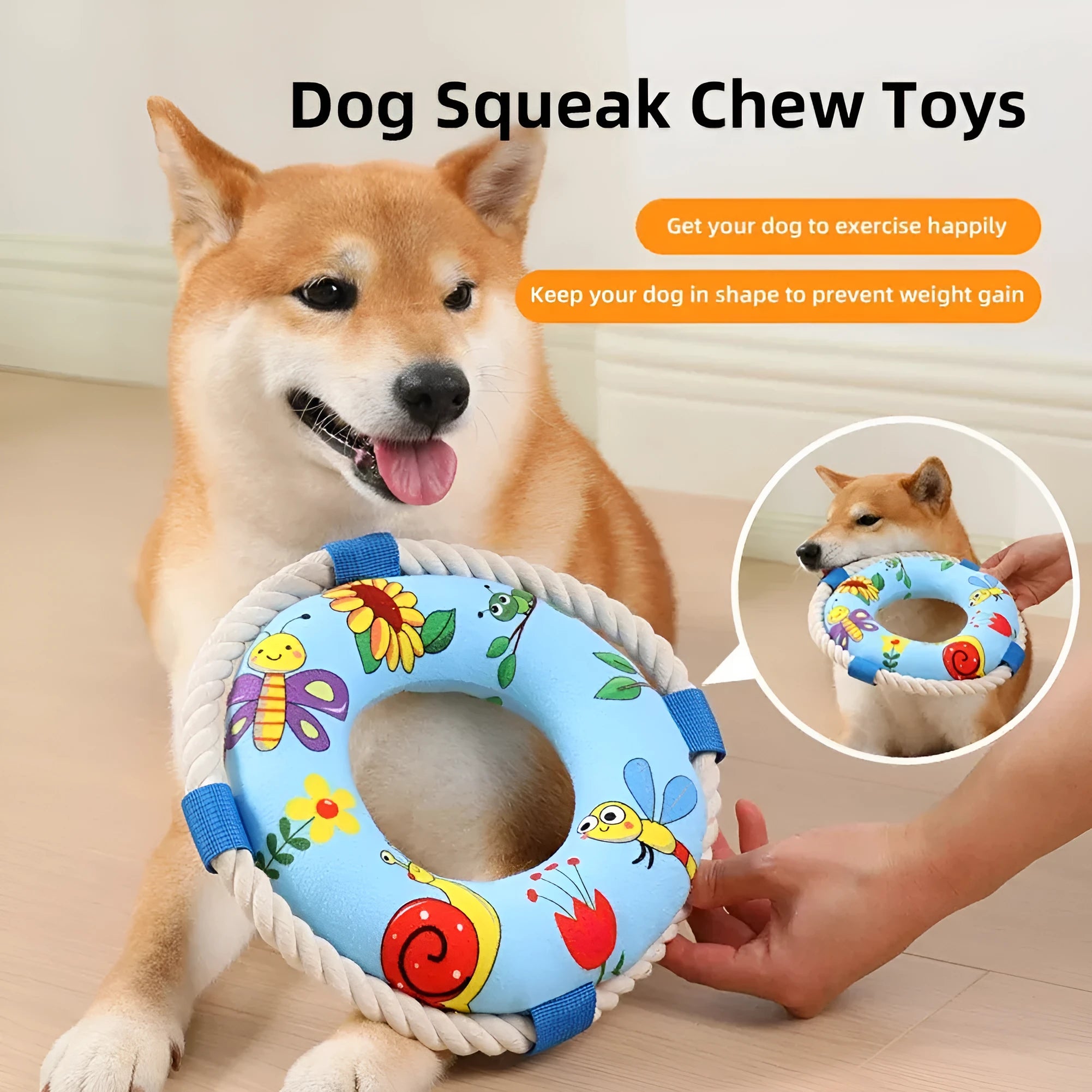 25 cm plush dog pull ring toy with squeaker in blue, red or yellow for puppies and small dogs