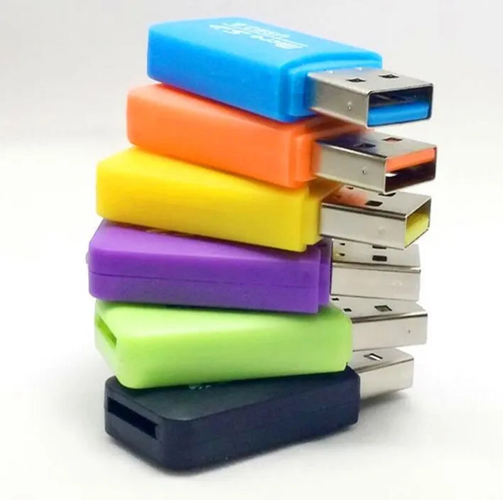 Mini USB memory card reader adapter showing SD and TF card ports.