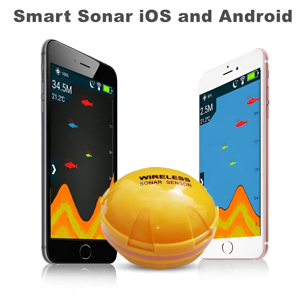 Yellow wireless sonar fish finder with 68x68x50cm dimensions, 125kHz frequency, and Bluetooth connectivity