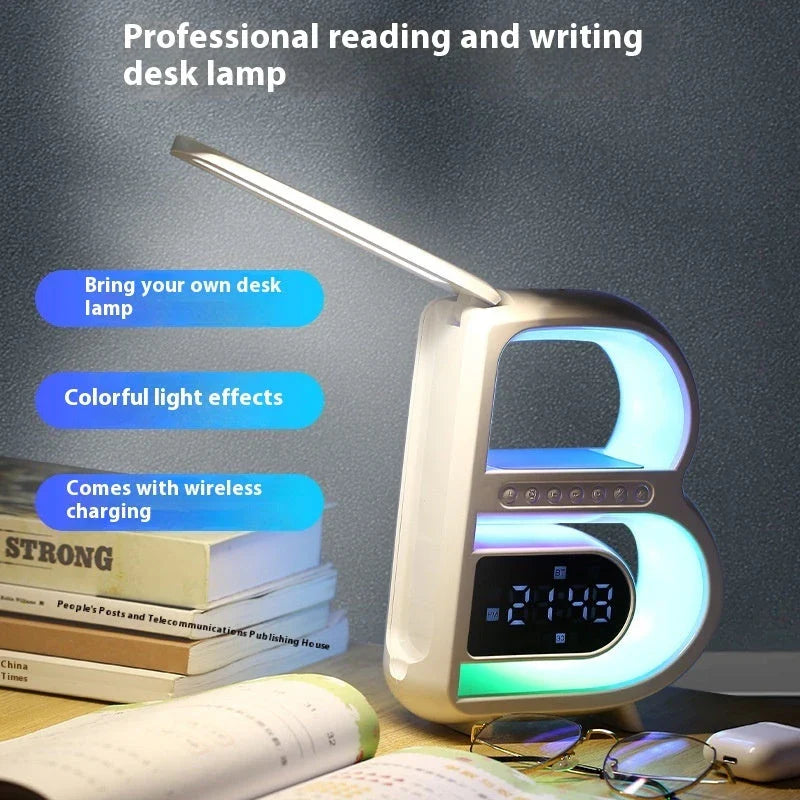 B-shaped Bluetooth desk lamp with wireless charging, adjustable lighting, and alarm clock features