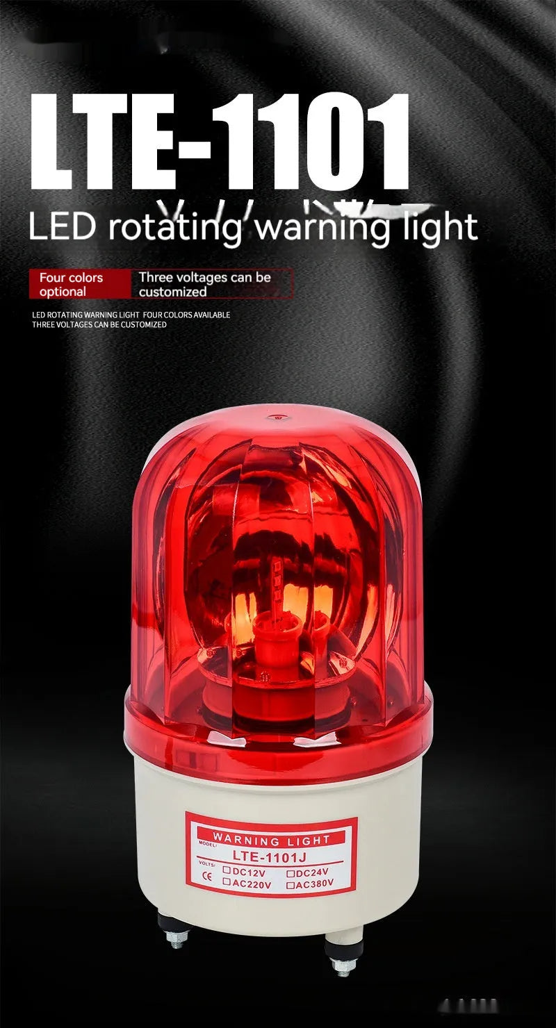 LTE-1101J industrial rotating strobe warning light with sound alarm, shown with red lens.