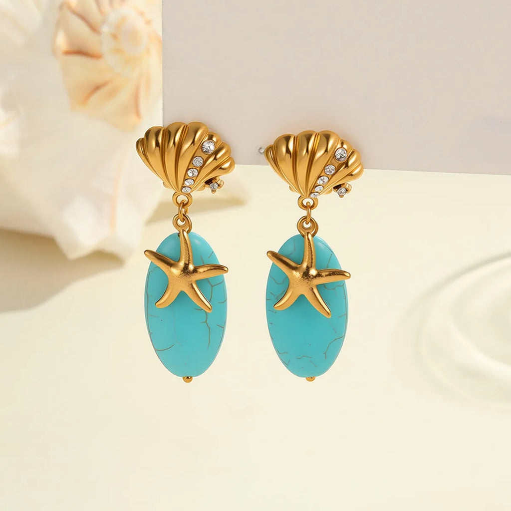Natural stone turquoise earrings with stainless steel eardrop, 18K electroplated star and geometric shapes