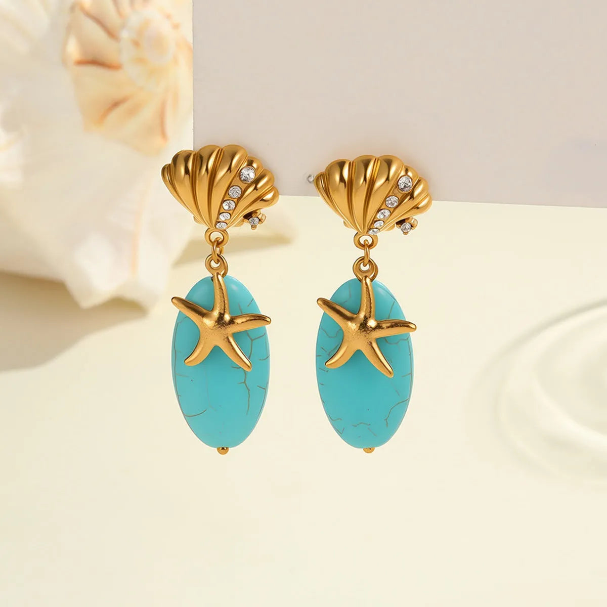 Natural stone turquoise earrings with stainless steel eardrop, 18K electroplated star and geometric shapes