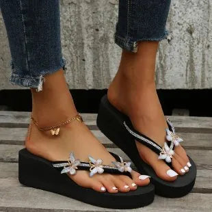 Women's butterfly slippers outdoor thong sandals in beige artificial PU with herringbone toe design, flat sole
