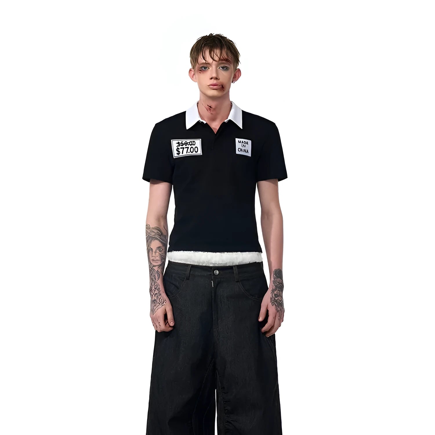 Black slim fit men's t-shirt with polo collar and embroidery detailing on short sleeves