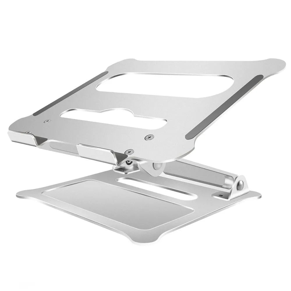Folding lifting aluminum alloy laptop stand in silver with adjustable height mechanism