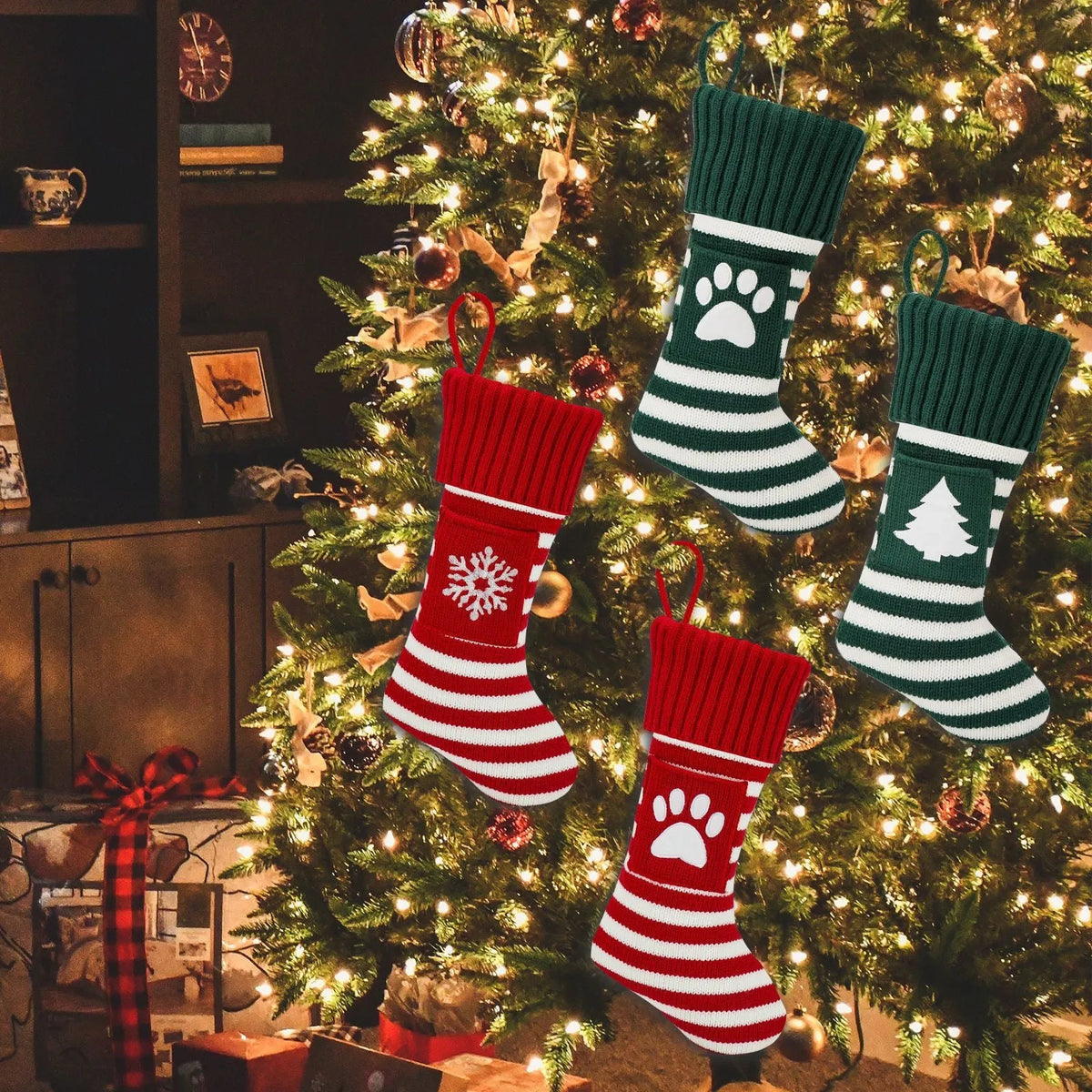 Christmas knitted cat and dog socks gift bag with red snowflake design on a festive background
