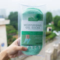 Reusable gel hand mask and foot mask set in pink or green with cotton spandex and vitamin E gel lining