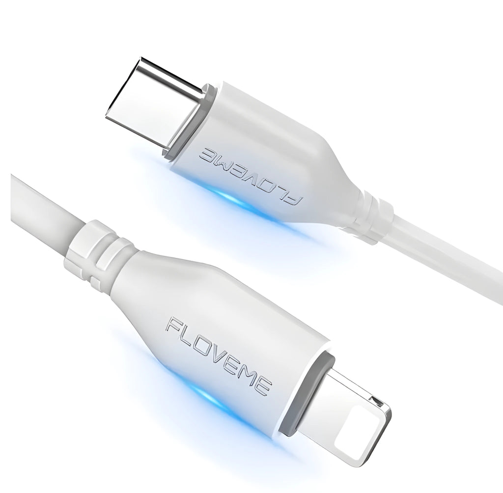 White braided USB-C to Lightning charging cable measuring 1 metre length for iPhone devices