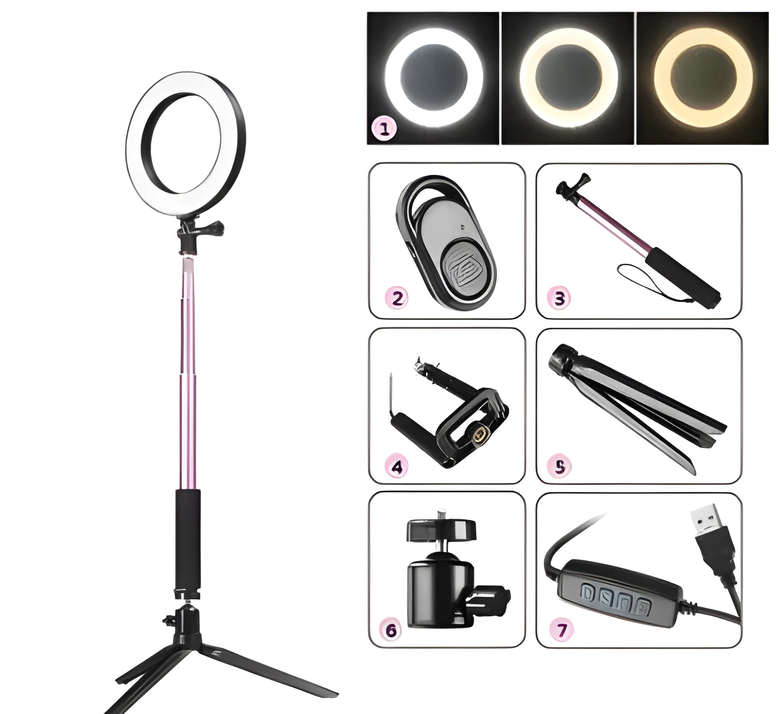 Black 20cm LED ring light kit with tripod, selfie stick, and phone clip on a desk