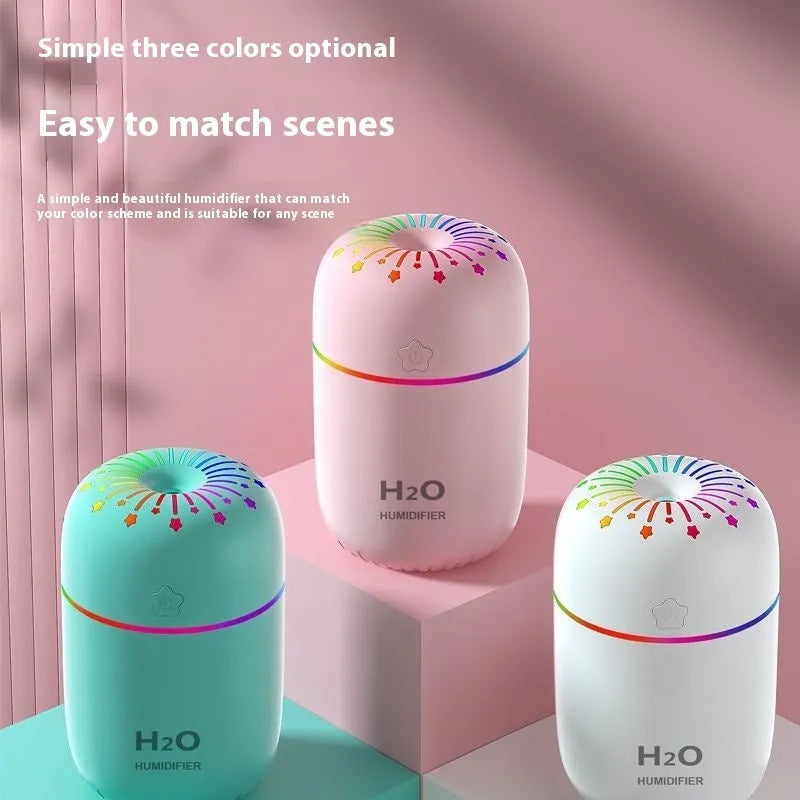 A5 model USB mini humidifier in white, pink, or green with 300ml tank and 75mm compact design