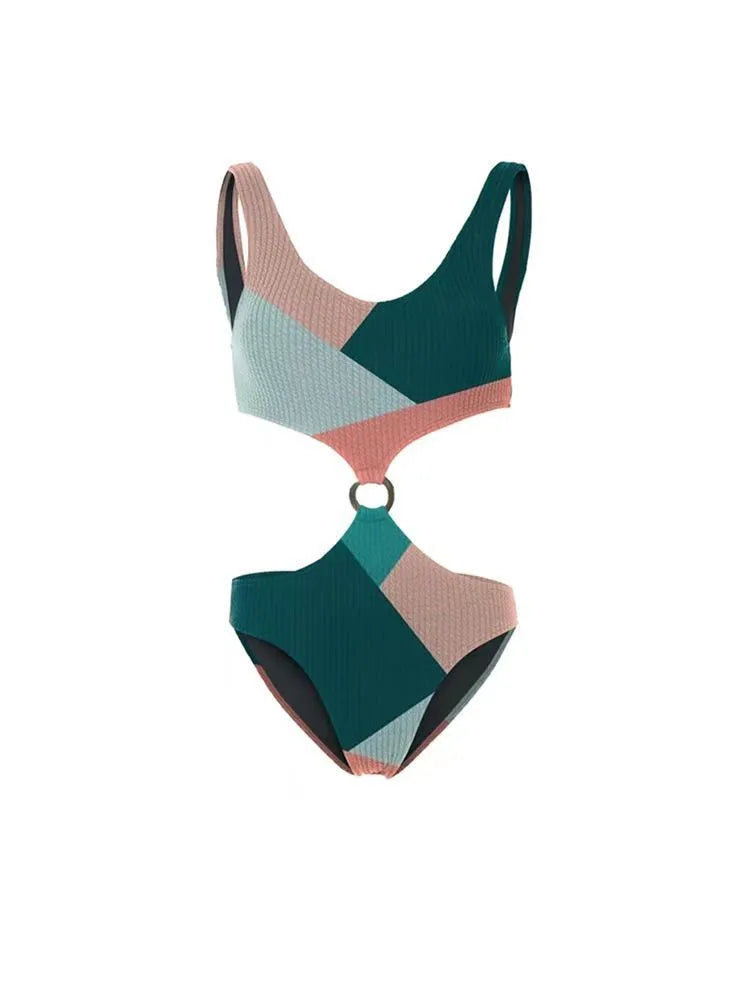 Colour-contrast bikini two-piece set with mesh gauze skirt swimwear