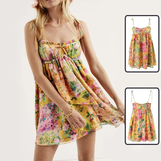 Elegant floral suspender dress with ruffled design, perfect for summer fashion