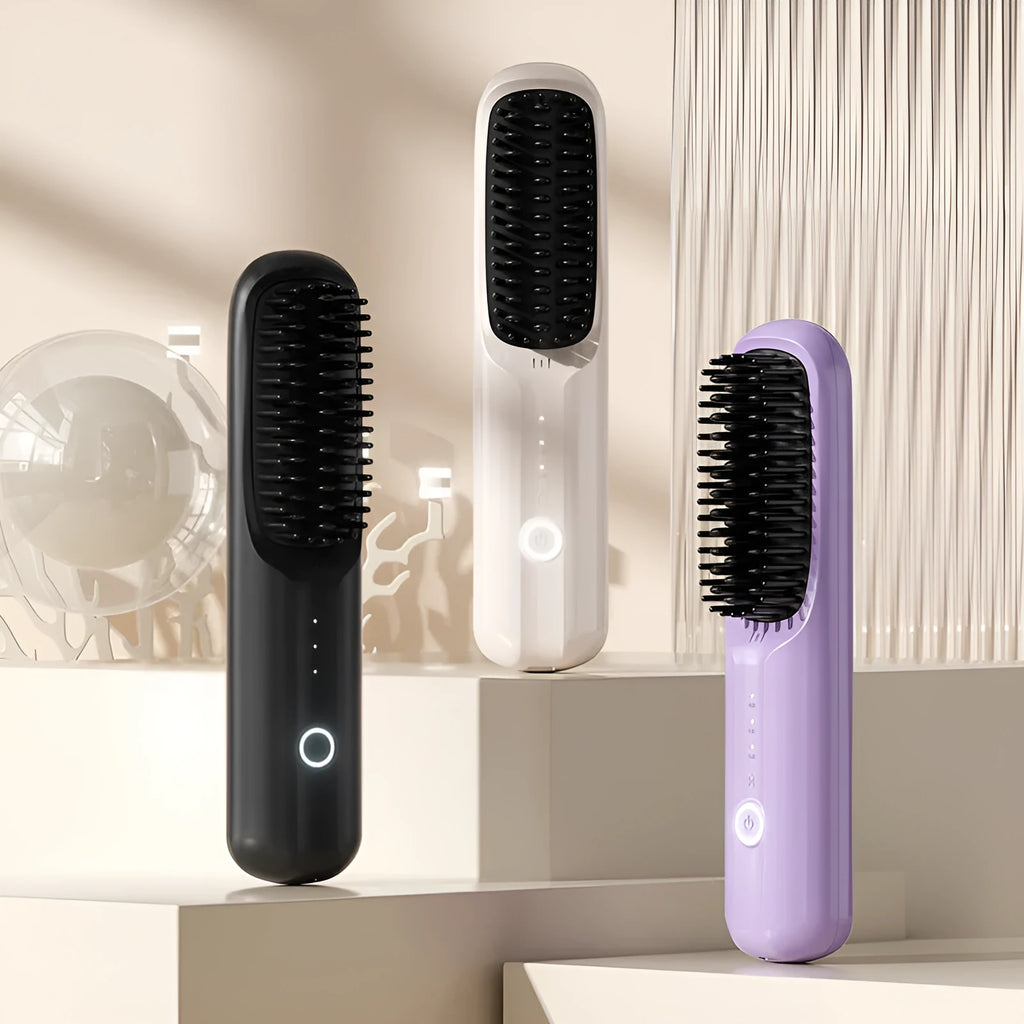 Wireless straightening comb in beige, pink, purple, or black with ceramic heating plates
