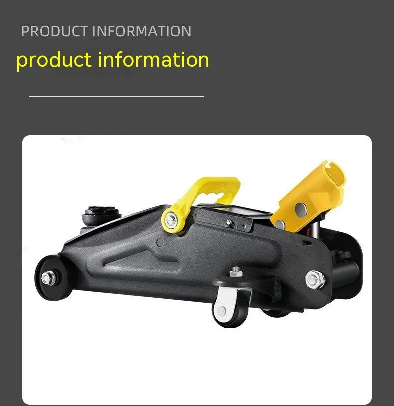 Horizontal hydraulic low car jack with handle for tyre changes on low-clearance vehicles