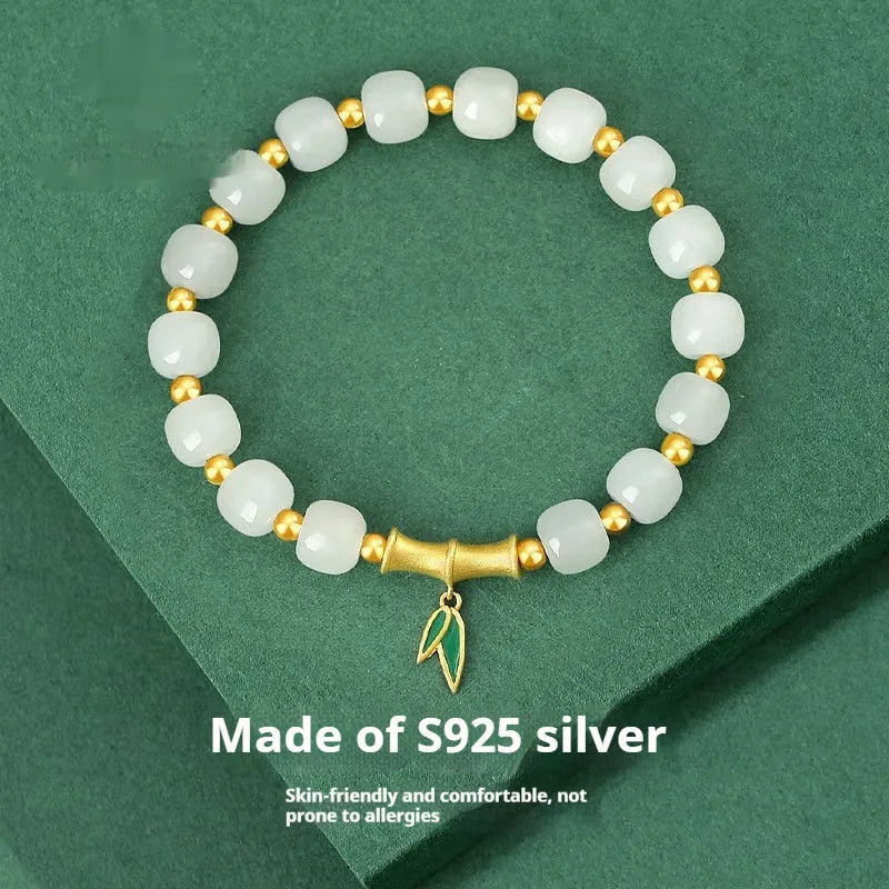 Gold Zhizhu Hetian jade bracelet with 925 silver and 6mm leaf-shaped beads in bamboo design