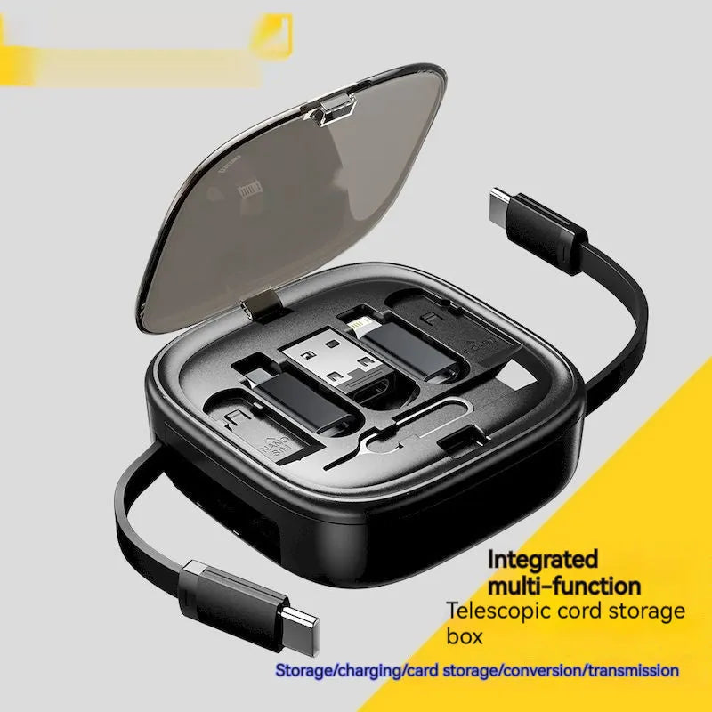 Black and white ABS PC mobile phone charging interface cable storage box with multi-function cable