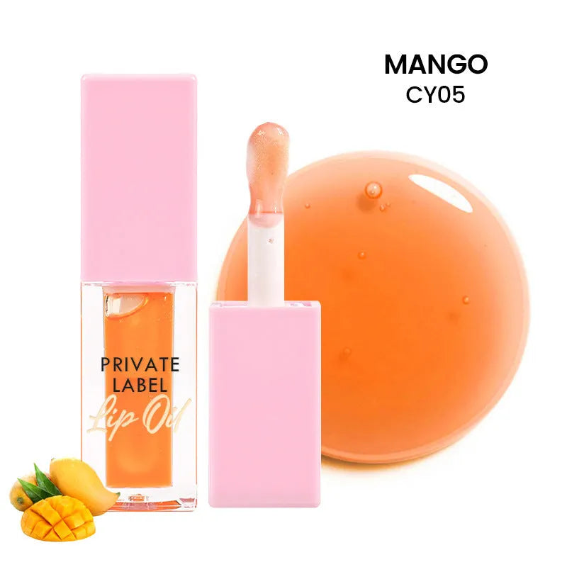 Women's transparent lip gloss tube in six fruity flavours: Bird of Paradise, Cherry, Coral, Mango, Strawberry, Watermelon
