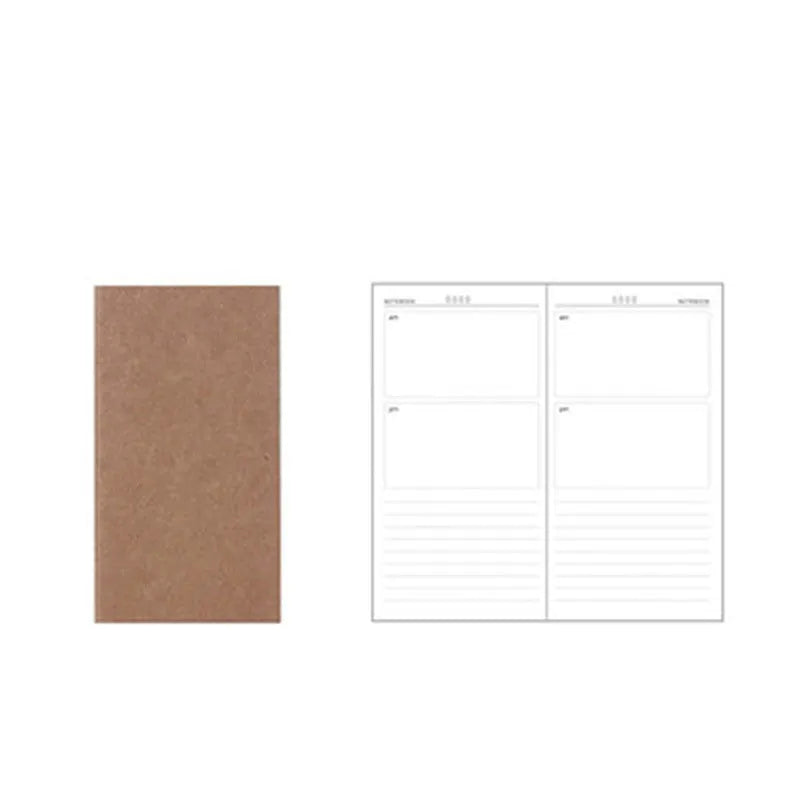 A5 kraft paper travel diary notebook with saddle stitching, open to show lined pages, on a wooden surface