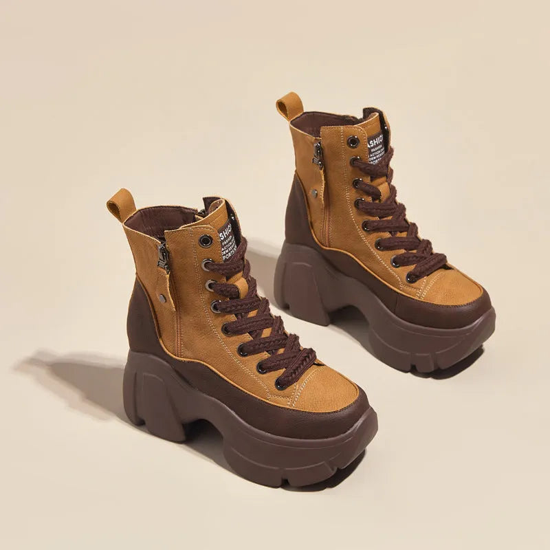 Women's retro small casual short boots in two-layer cowhide with wedge heel and elastic band, sizes 34-39