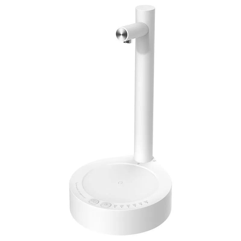 White electric water dispenser pump with USB cable next to water gallon bottle