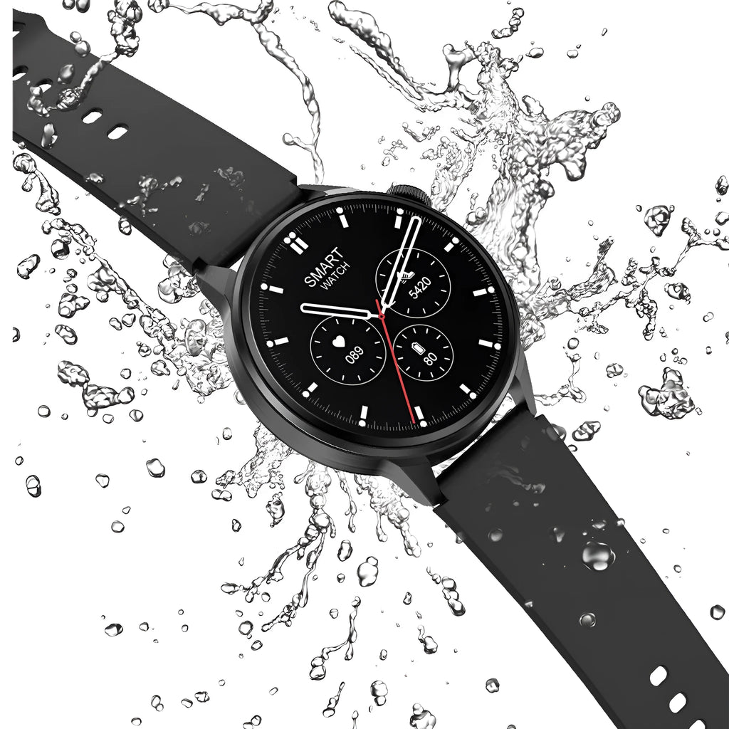 Smartwatch with 1.36in HD colour screen, Bluetooth calling, wireless charging, IP68 waterproof, 44x11mm case, 20mm strap, Black Gold Silver