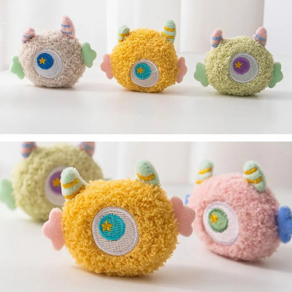 Cartoon-shaped plush dog toy with big eyes and built-in squeaker for interactive play