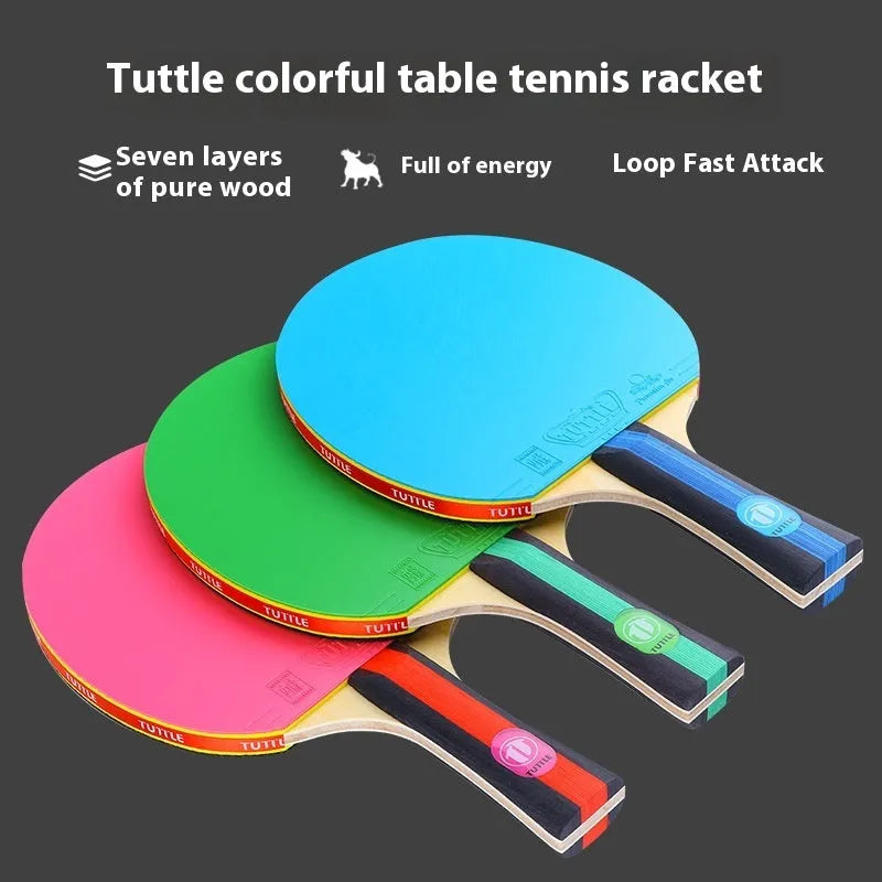 Table tennis racket with cover and bag in pink, blue and green shakehand grip colours