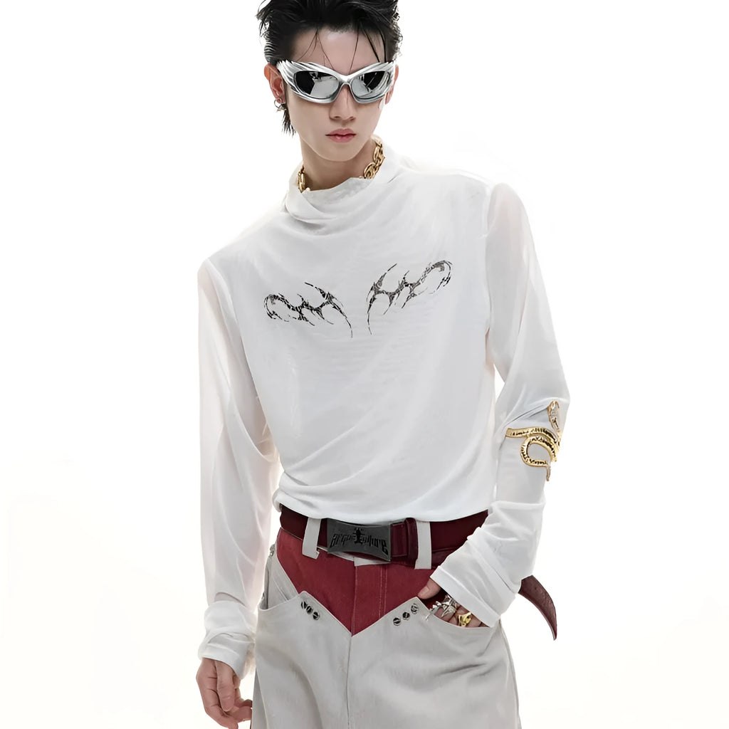Men's black mesh long-sleeve shirt with a slim, close-fitting bottoming cut on a model.