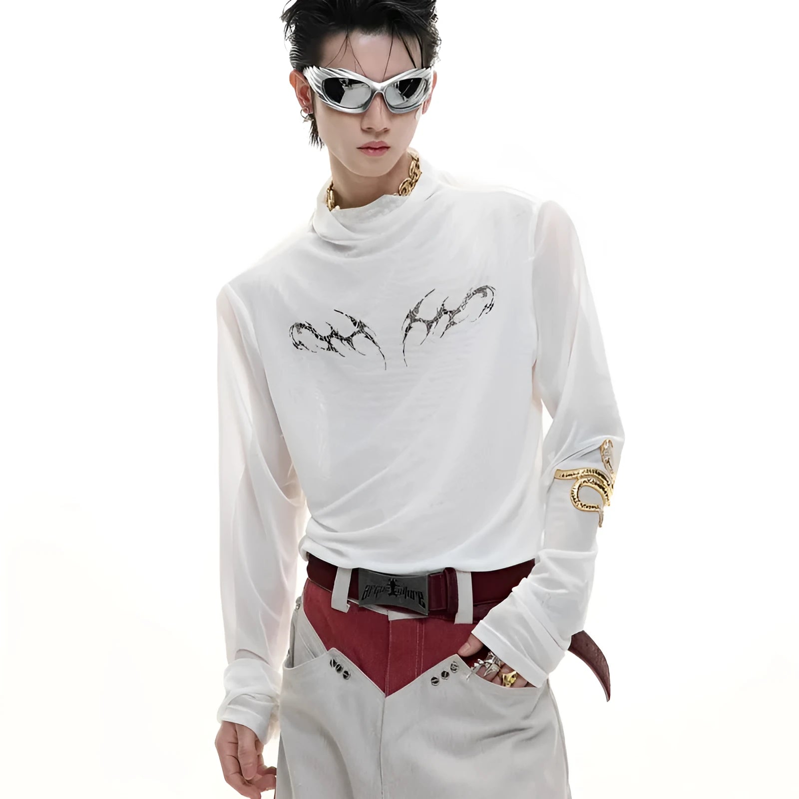Men's black mesh long-sleeve shirt with a slim, close-fitting bottoming cut on a model.