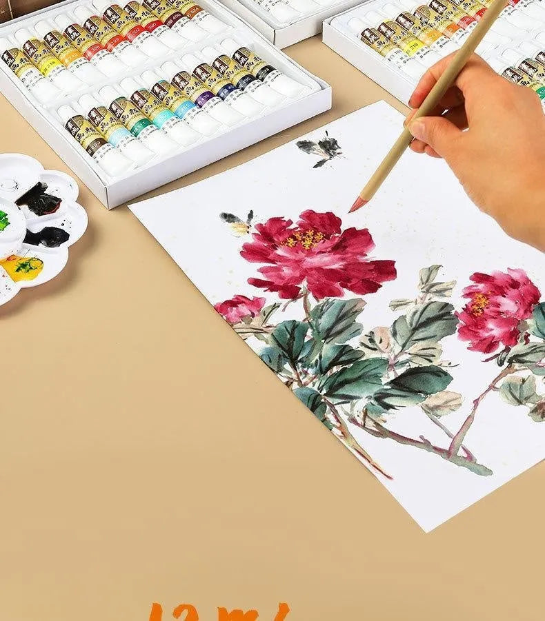 18 colour Chinese painting pigment set in 12ml tubes with plant pigment coating pen for children beginners