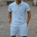 Men's jacquard short sleeve casual suit set with matching shorts in multiple colour options