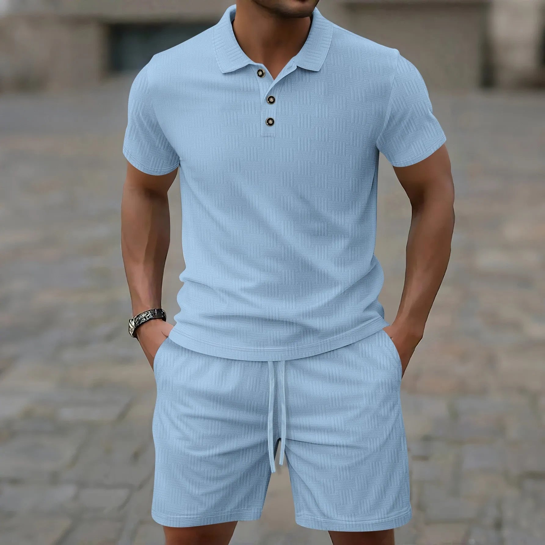 Men's jacquard short sleeve casual suit set with matching shorts in multiple colour options
