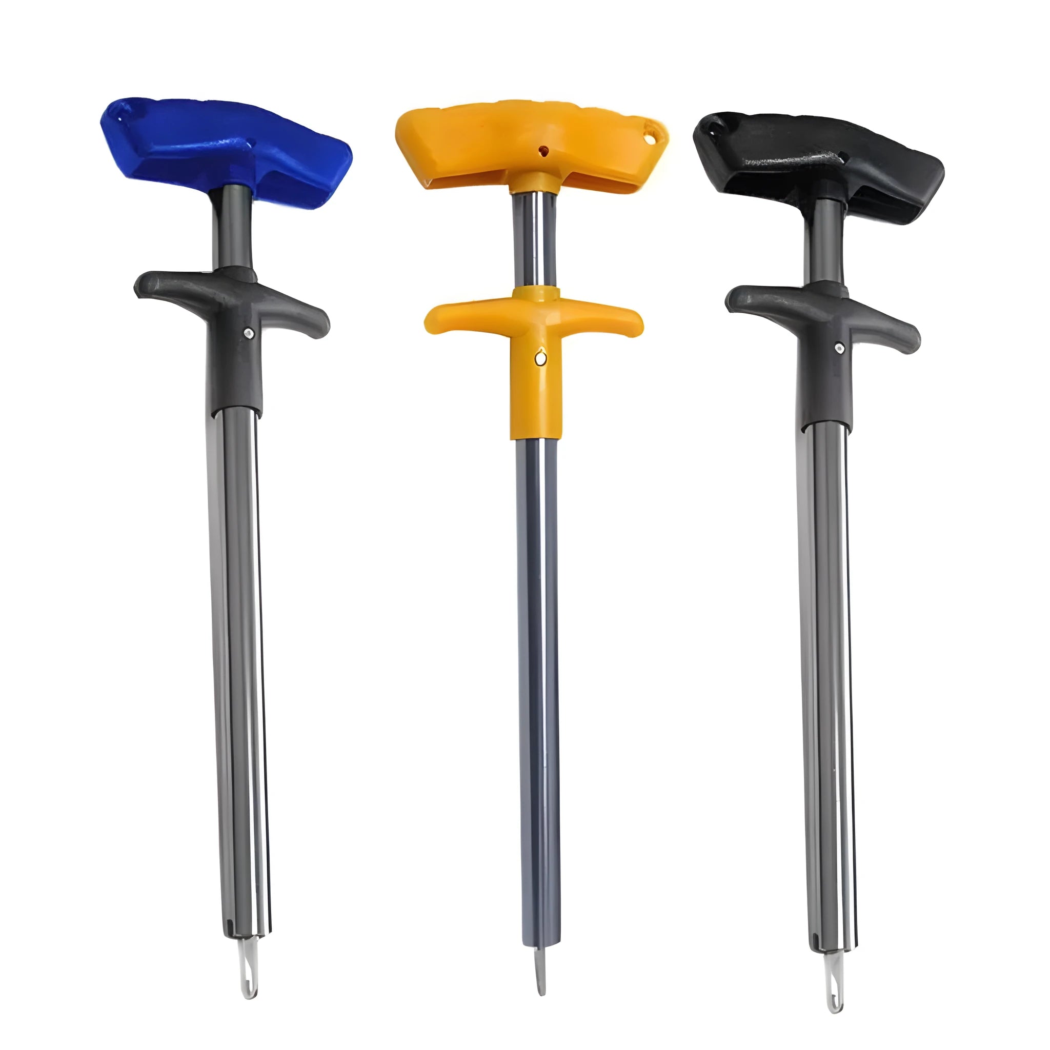 Portable T-shaped fishing hook extractor in black with anodized aluminium handle and stainless steel hook