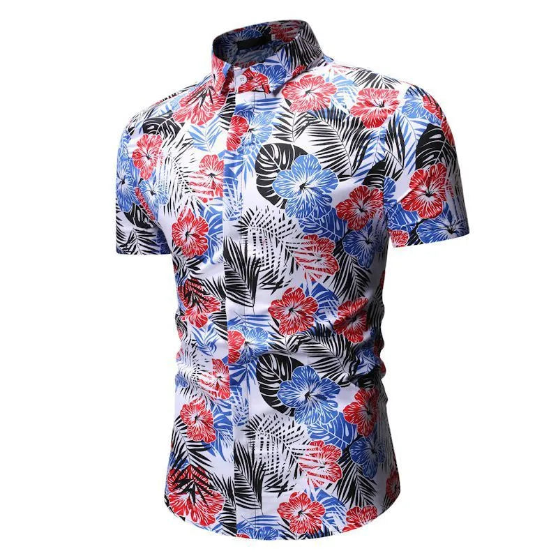 Men's white polyester square collar floral short-sleeved beach shirt