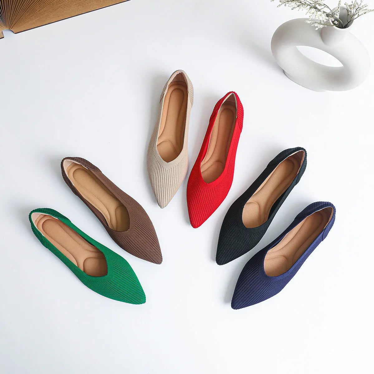 Women's knit flat pumps with pointed toe in microfiber, showing apricot colour option