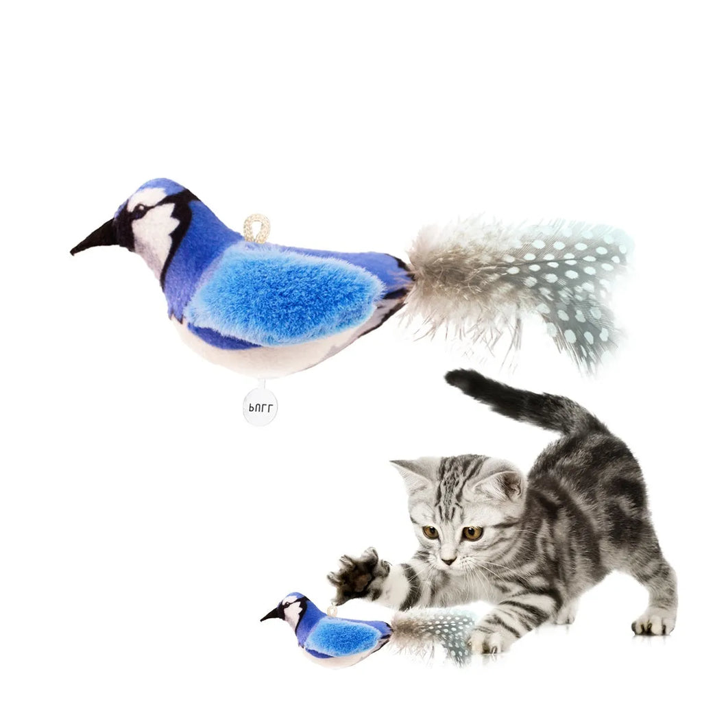 Bird simulation plush cat toy in colourful bird, sparrow, blue kingfisher and yellow bird colours from 2024 summer collection