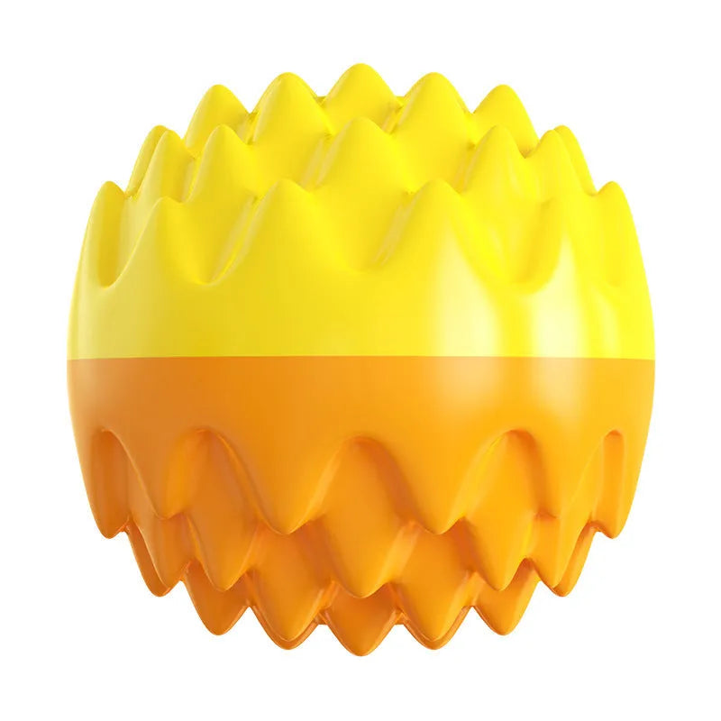 Blue squeaky dog ball toy with dental cleaning bumps and irregular texture for aggressive chewers