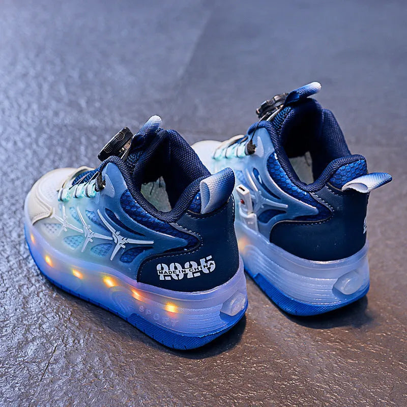 Blue children's knob roller skates with a twist-button fastening on the side