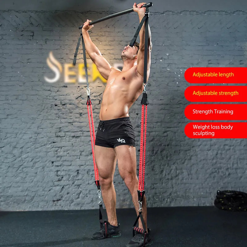 Body workout trainer bar with resistance bands and rubber buckles on a home gym floor