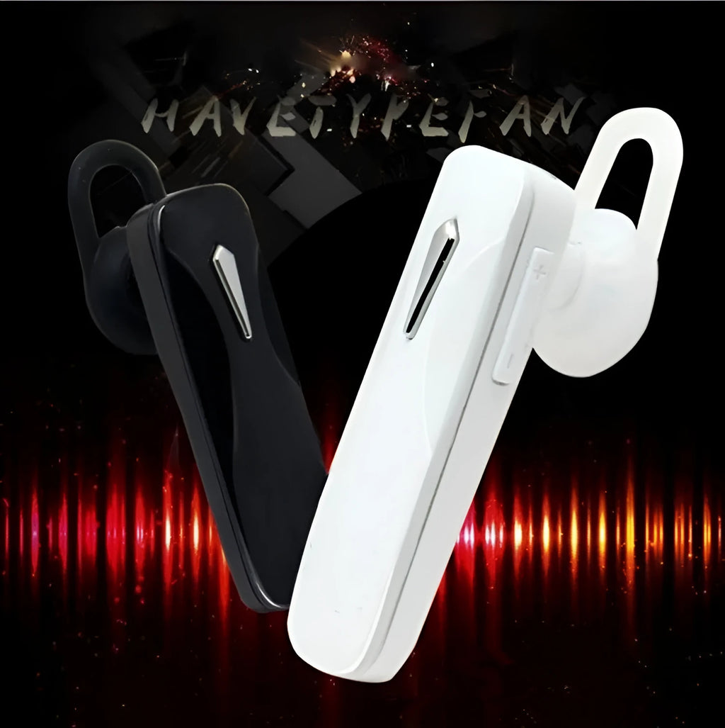 M163 black and white Bluetooth car headset for hands-free calls and music control.